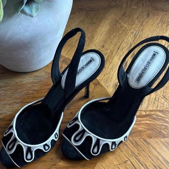 Manolo Blahnik Black White Slingback Heels Size 5.5 Suede Peep Toe Designer - Picture 5 of 7